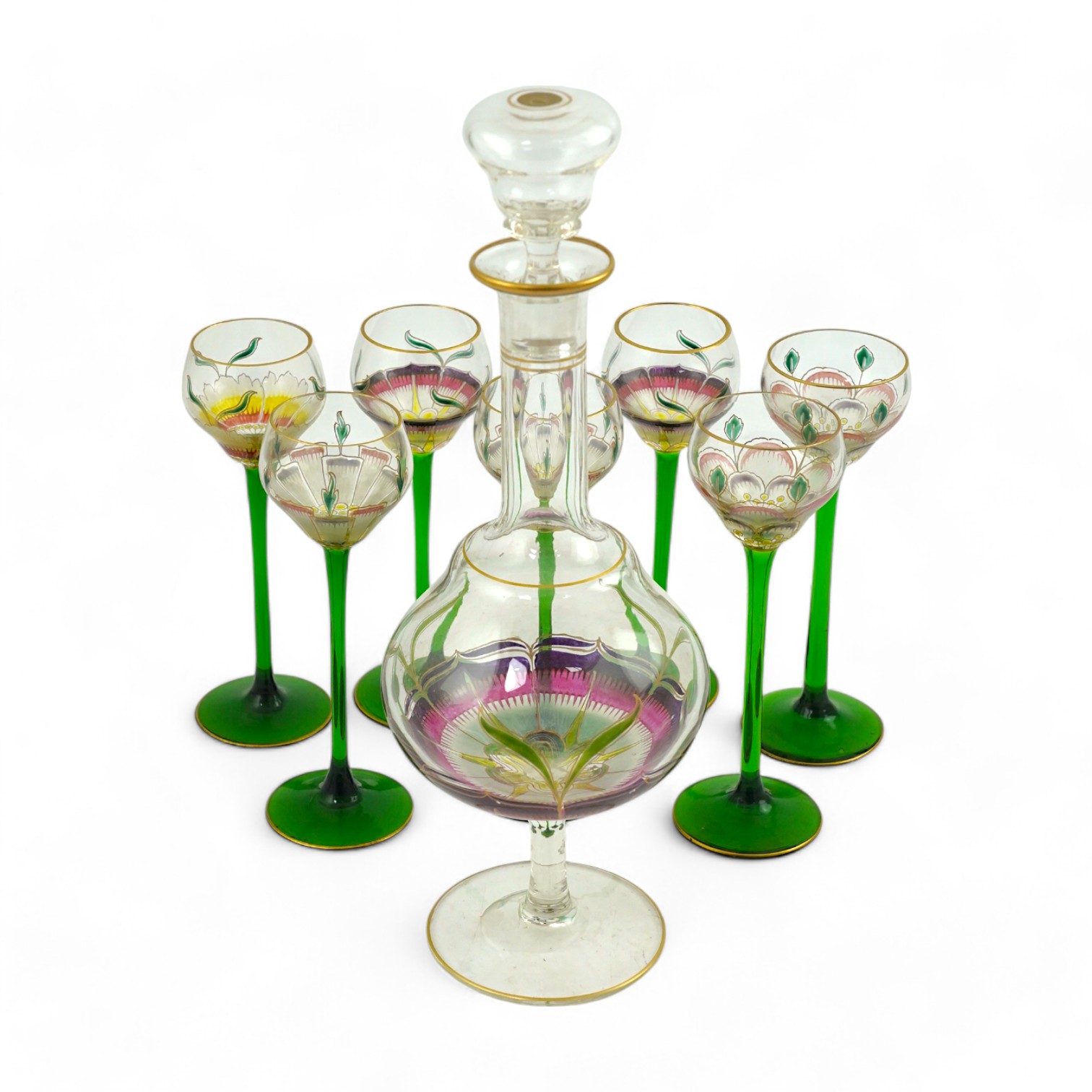 A Theresienthal Jugendstil hand-enamelled glass cordial set, c.1910